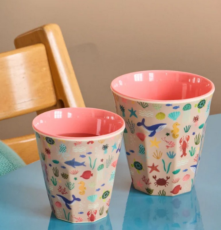 Bicchiere acqua in melamina decorato con animali marini con interno rosa